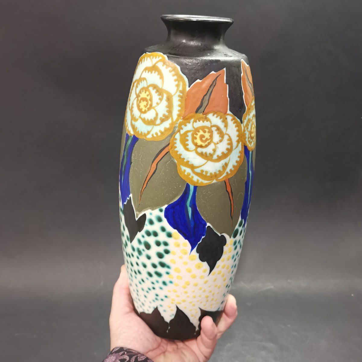 d'Argyl, Art Deco Period High Ceramic Vase With Floral Decoration-photo-7