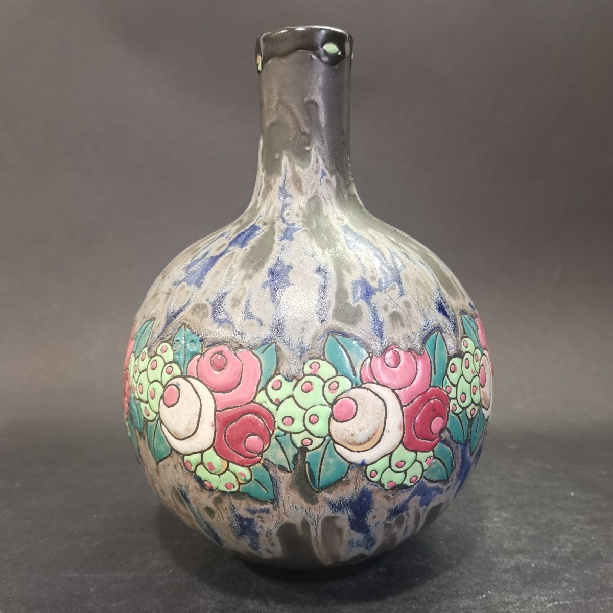 Charles Catteau Pour Keramis-boch, Vase Pansu à Long Col En Grès Décor Petites Fleurs