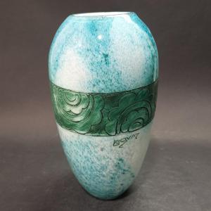 Legras, Art Deco Vase In Blue And Green Glass, Acid Etched