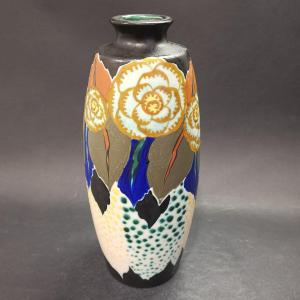 d'Argyl, Art Deco Period High Ceramic Vase With Floral Decoration