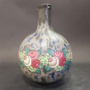 Charles Catteau For Keramis-boch, Long-necked Stoneware Pansu Vase With Small Flowers Decor