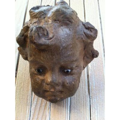 Head Of Cherub XIX Th In Terracotta