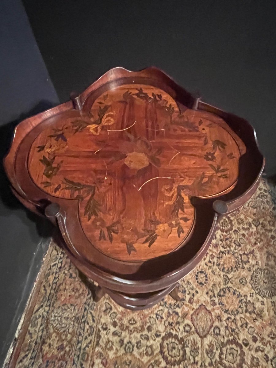 Pedestal Table Three Tray In Marquetry Of Flowers Late Nineteenth-photo-3