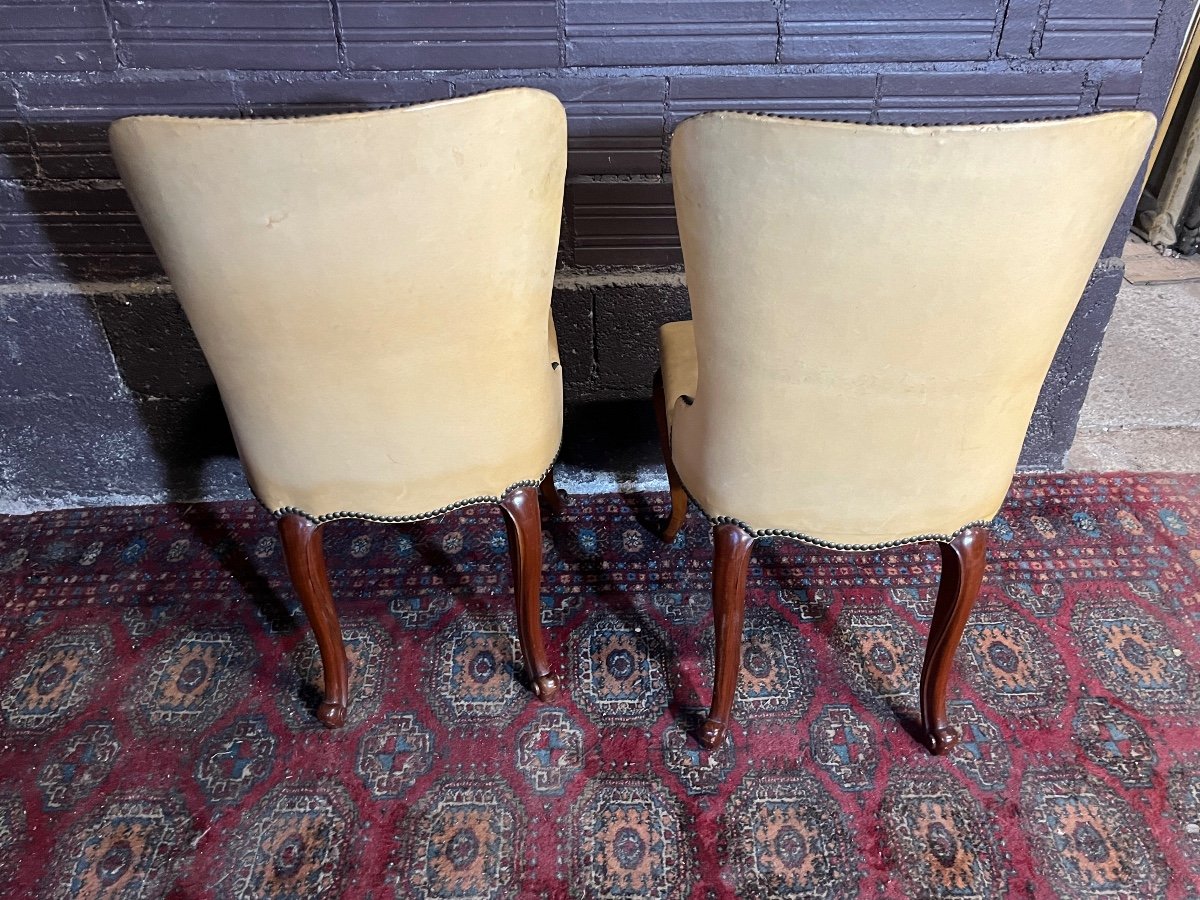 Two Chippendale Low Chairs In Thick Leather-photo-4