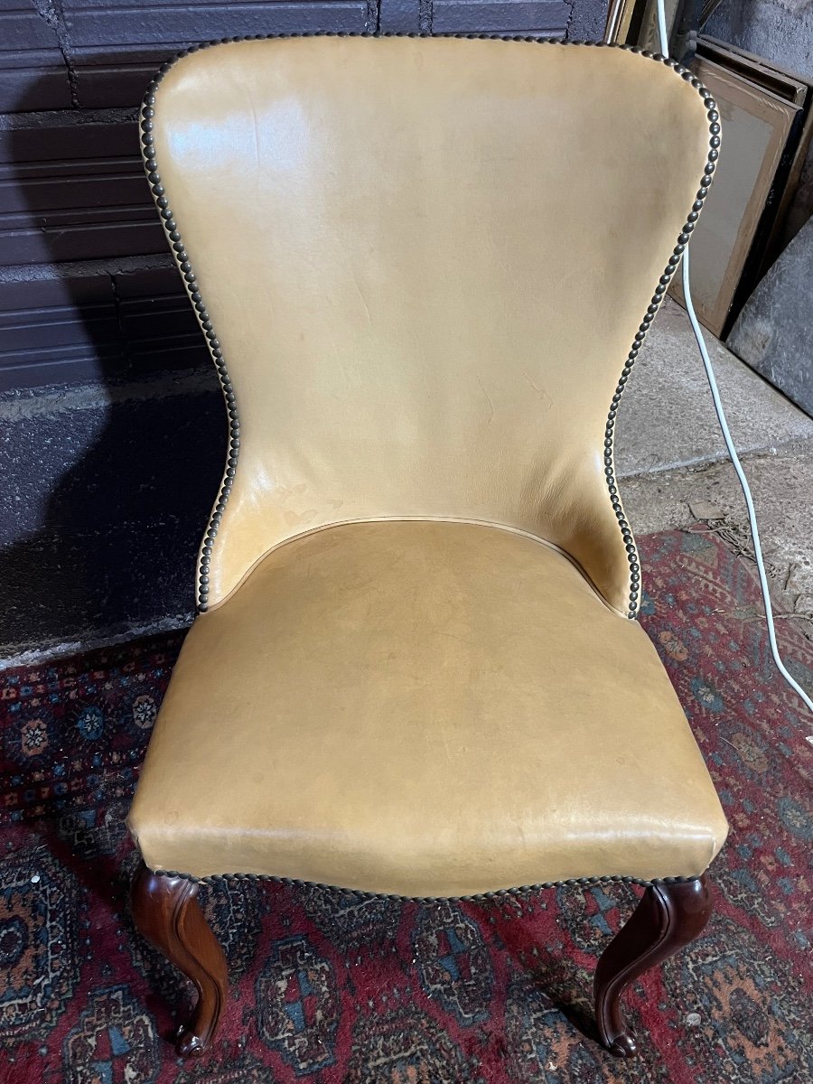 Two Chippendale Low Chairs In Thick Leather-photo-4