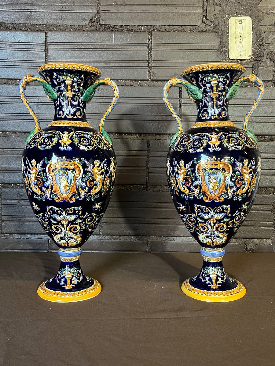 Pair Of Important Earthenware Vases From Gien 