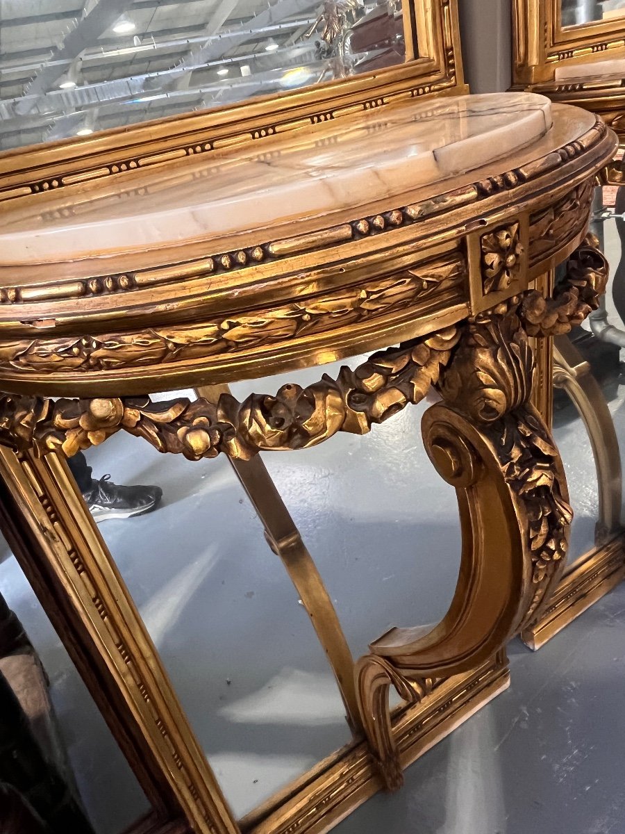 Pair Of Louis XVI Style Console And Mirror In Golden Wood -photo-2