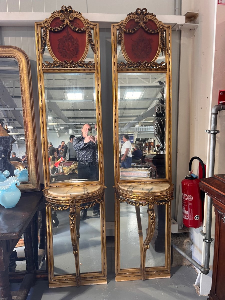 Pair Of Louis XVI Style Console And Mirror In Golden Wood 