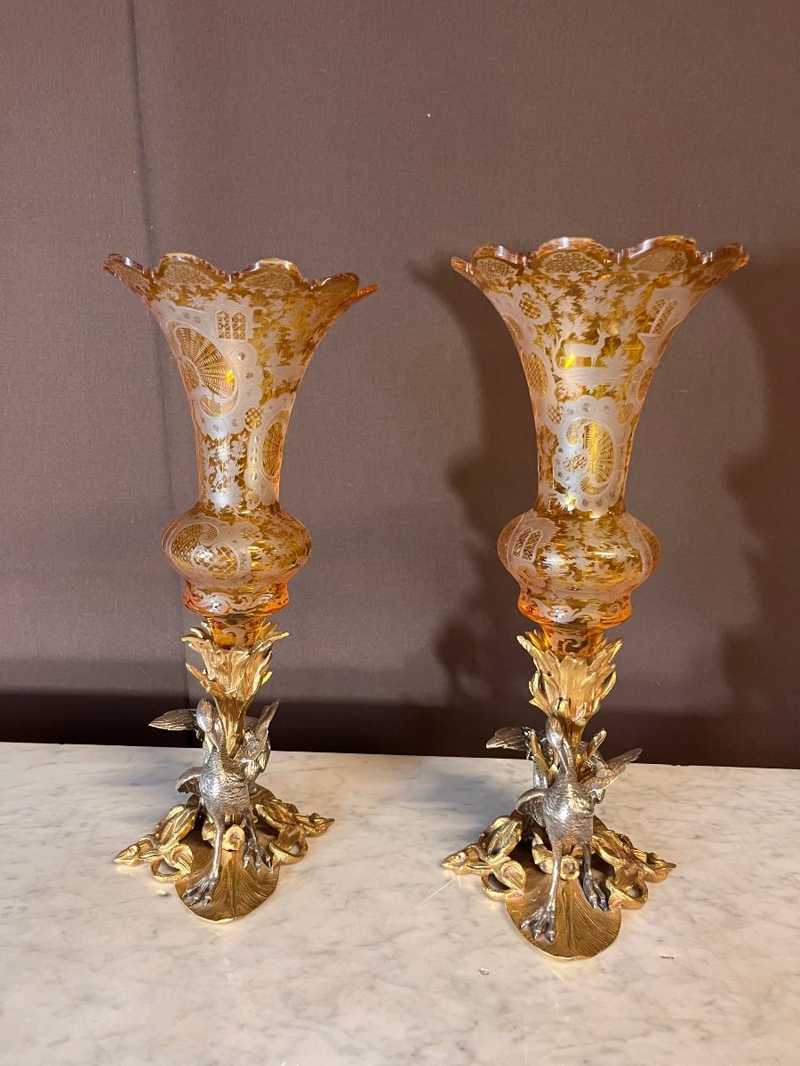 Pair Of Bronze And Bohemian Crystal Cornet Vases -photo-1