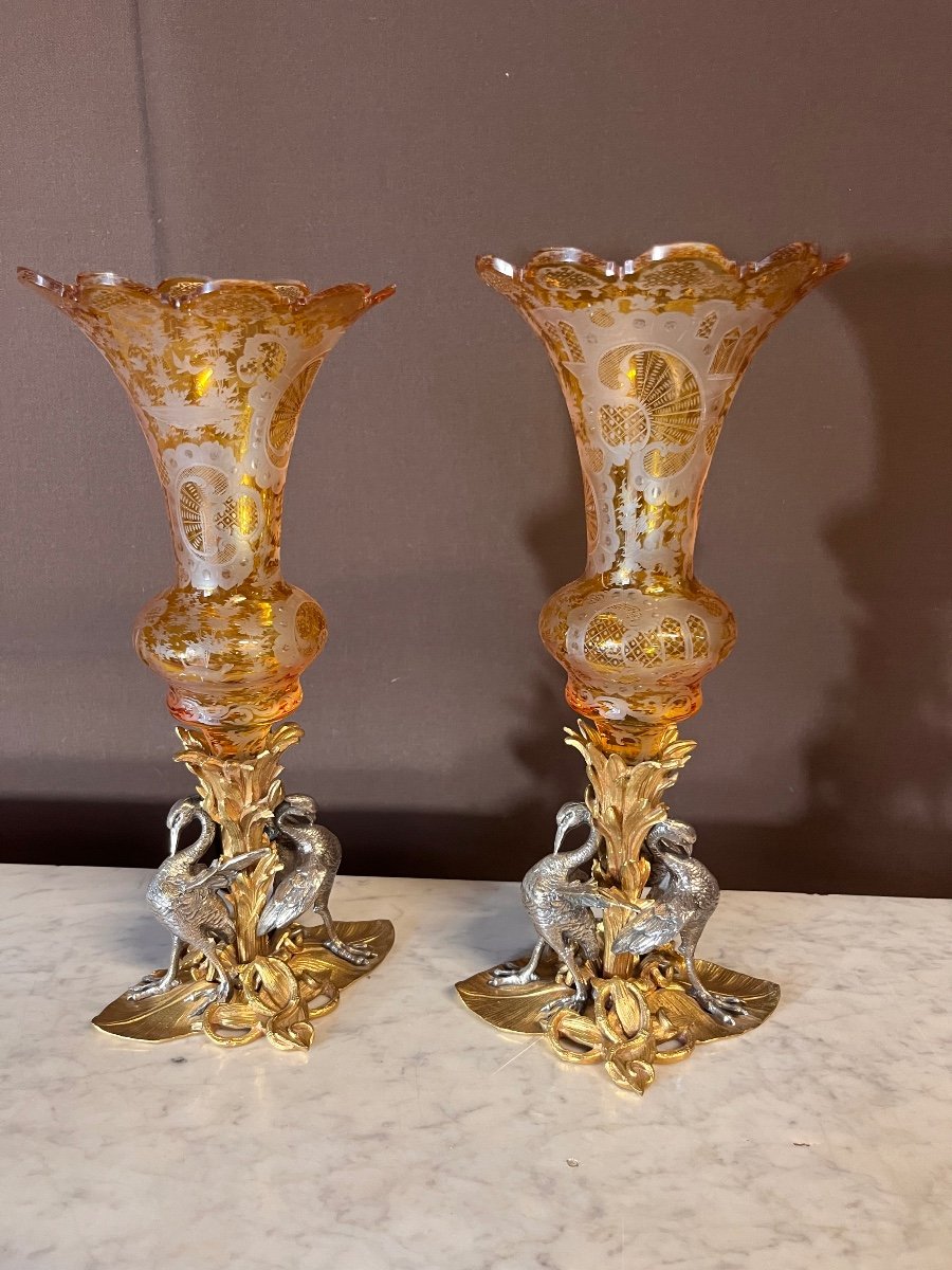 Pair Of Bronze And Bohemian Crystal Cornet Vases -photo-2