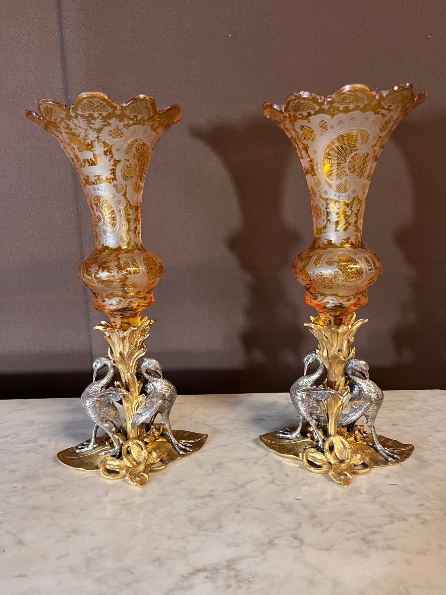 Pair Of Bronze And Bohemian Crystal Cornet Vases 