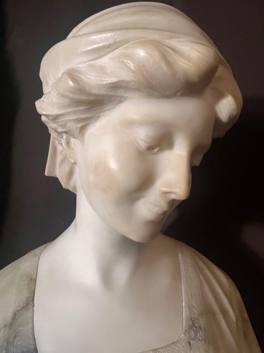 Important Alabaster Bust Signed Pugi-photo-7