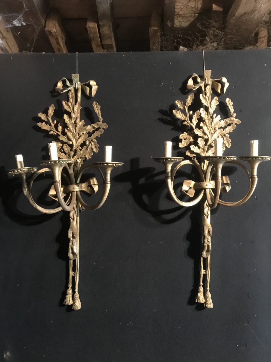 Paire De Grandes Appliques à Décor De Chasse En Bronze (90cm)-photo-2