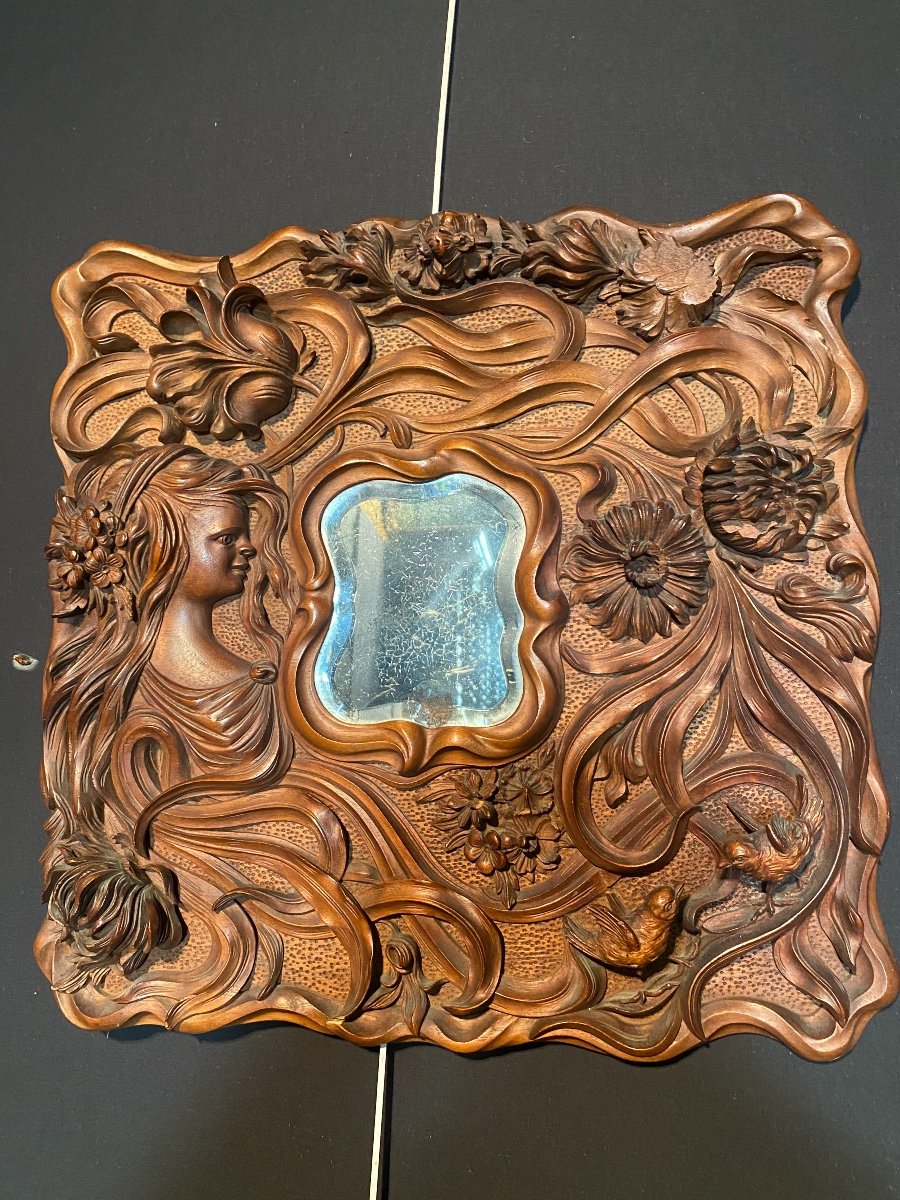 Art Nouveau Carved Wood Mirror