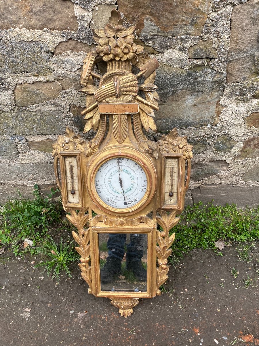 Barometer Thermometer In Golden Wood Louis XVI-photo-3