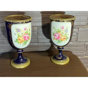 Pair Of Sevres Porcelain Vases Floral Decor