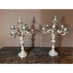 Important Pair Of Candelabra In Silvered Bronze Height 68 Centimeters