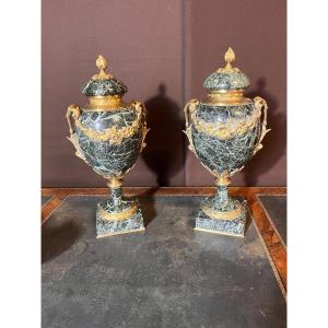 Pair Of Bronze And Green Marble Urns 