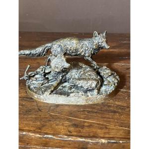 Pierre-jules Mene (1810-1879) The Couple Of Foxes Bronze With Brown Patina.