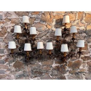 Important Pair Of Polychrome Wrought Iron Wall Lights (90/73cm)