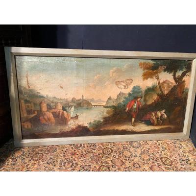 Tableau XVIIIem Scènes Romantiques Sur Un Bord De Rivière 