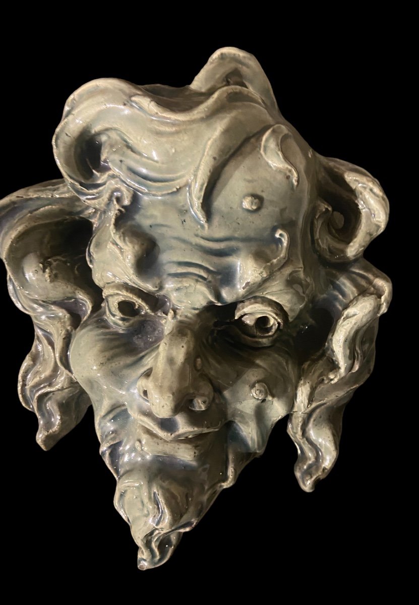 Paire De Tête  mascaron En Faïence Vers 1900 attribué Isidor De Rudder sculpteur -photo-2