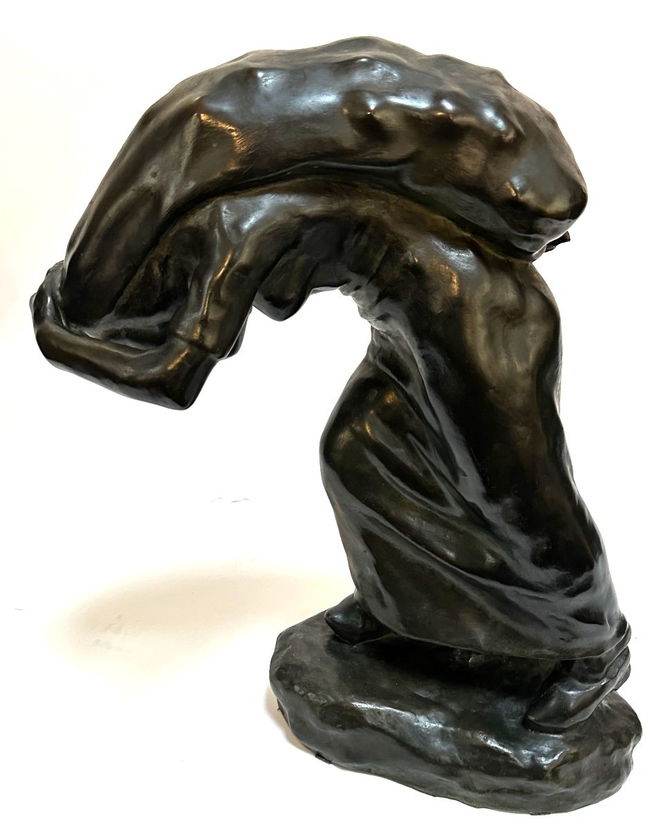 La Porteuse De Charbon Sculpture école Belge  bronze social Joseph Baudrenghien 1873-1954-photo-4