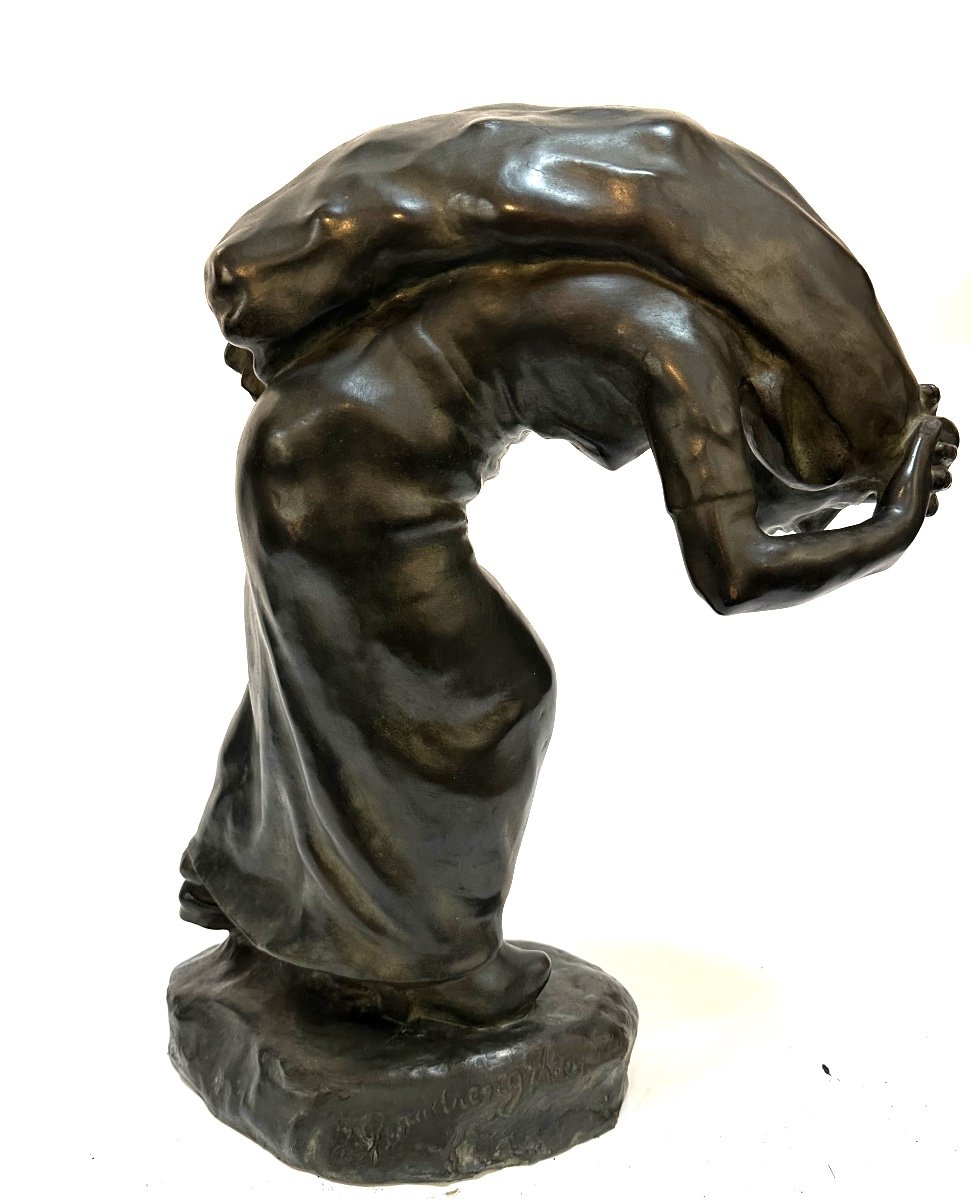 La Porteuse De Charbon Sculpture école Belge  bronze social Joseph Baudrenghien 1873-1954-photo-4