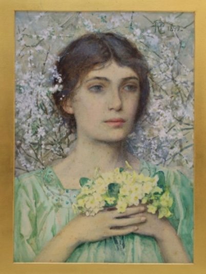 Aquarelle Symboliste Jeune Fille Au Bouquet 1899-photo-1