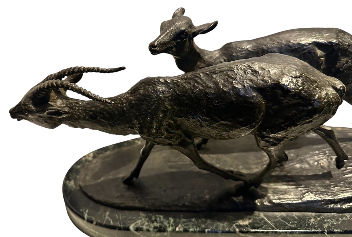 Couple D’antilopes De Irénée Rochard Bronze Français -photo-3