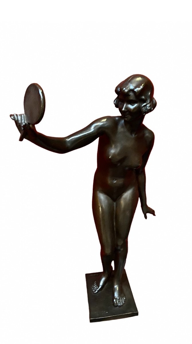 Young Woman With A Mirror, Bronze - Jean Verschneider