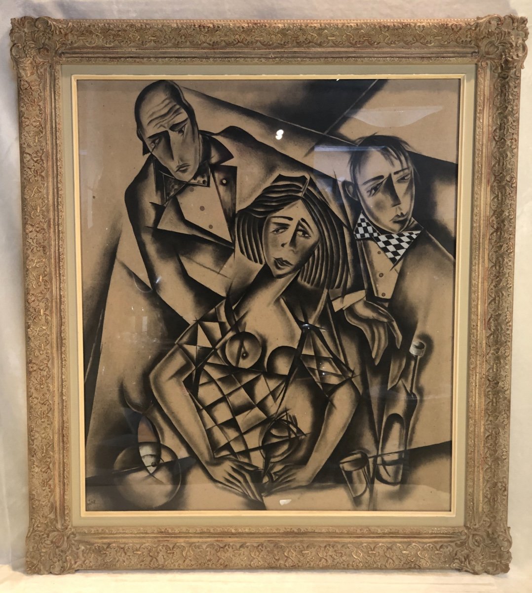 Fusain Sur Carton - Ferdinand Pire - l'Unité - Portraits Cubistes - Signé - 73 X 82cm