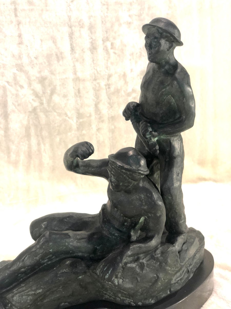Bronze Sculpture - The Miners - Signed: F. Steenebruggen - 16 X 34 X 35cm-photo-2