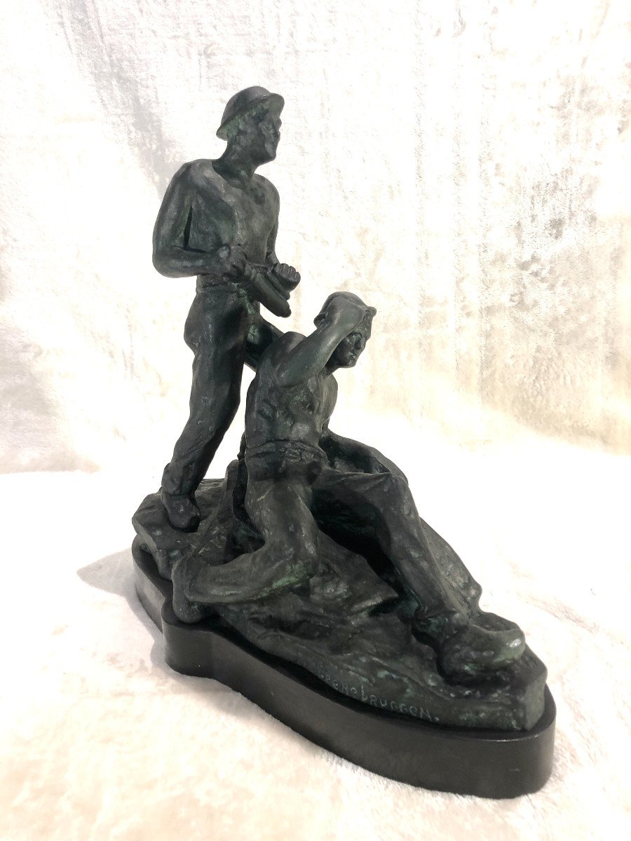 Bronze Sculpture - The Miners - Signed: F. Steenebruggen - 16 X 34 X 35cm-photo-2