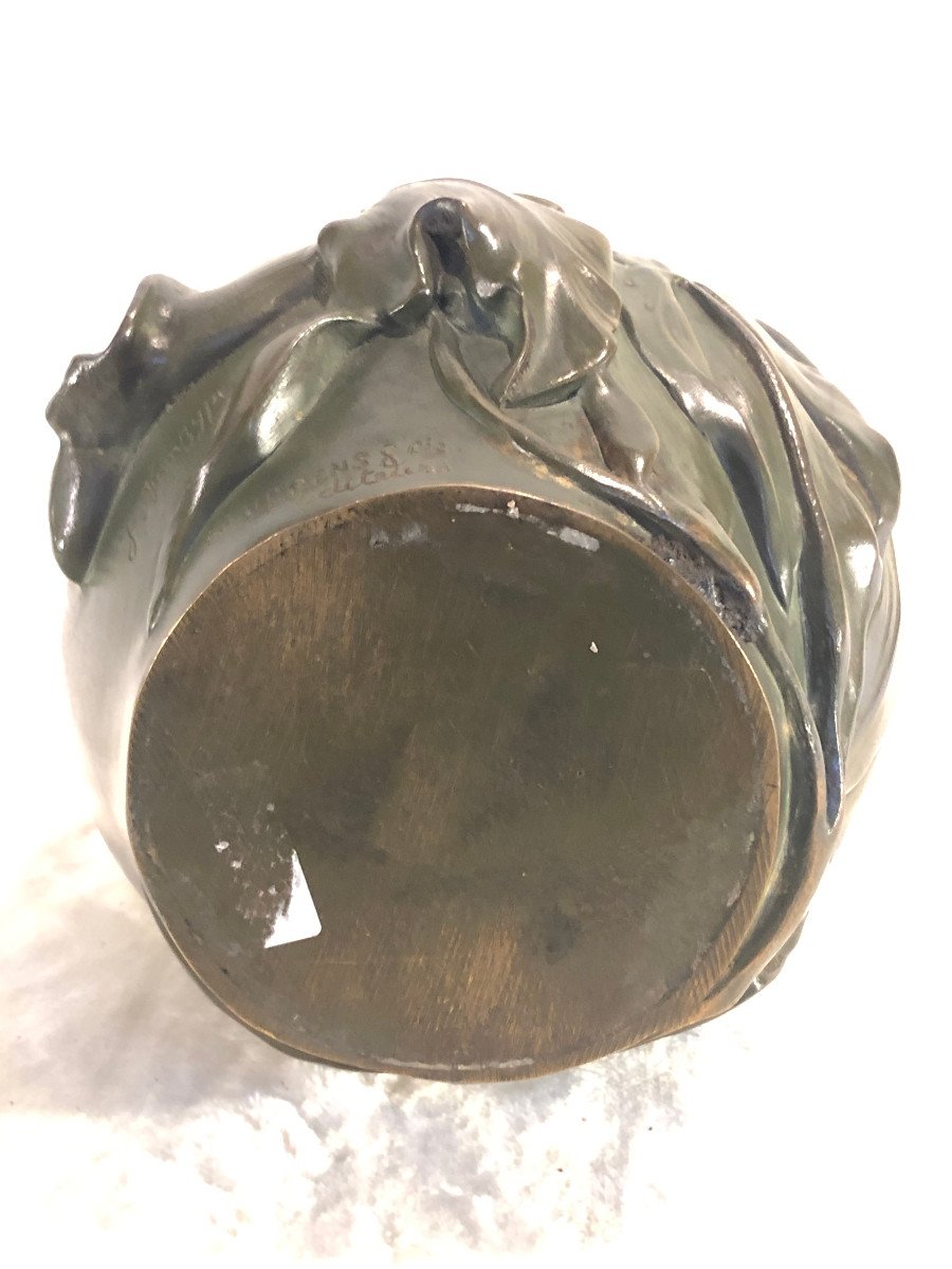 Art Nouveau Bronze Vase With Flowers - Julia Vanzype - H. 31 Diameter: 15cm-photo-2