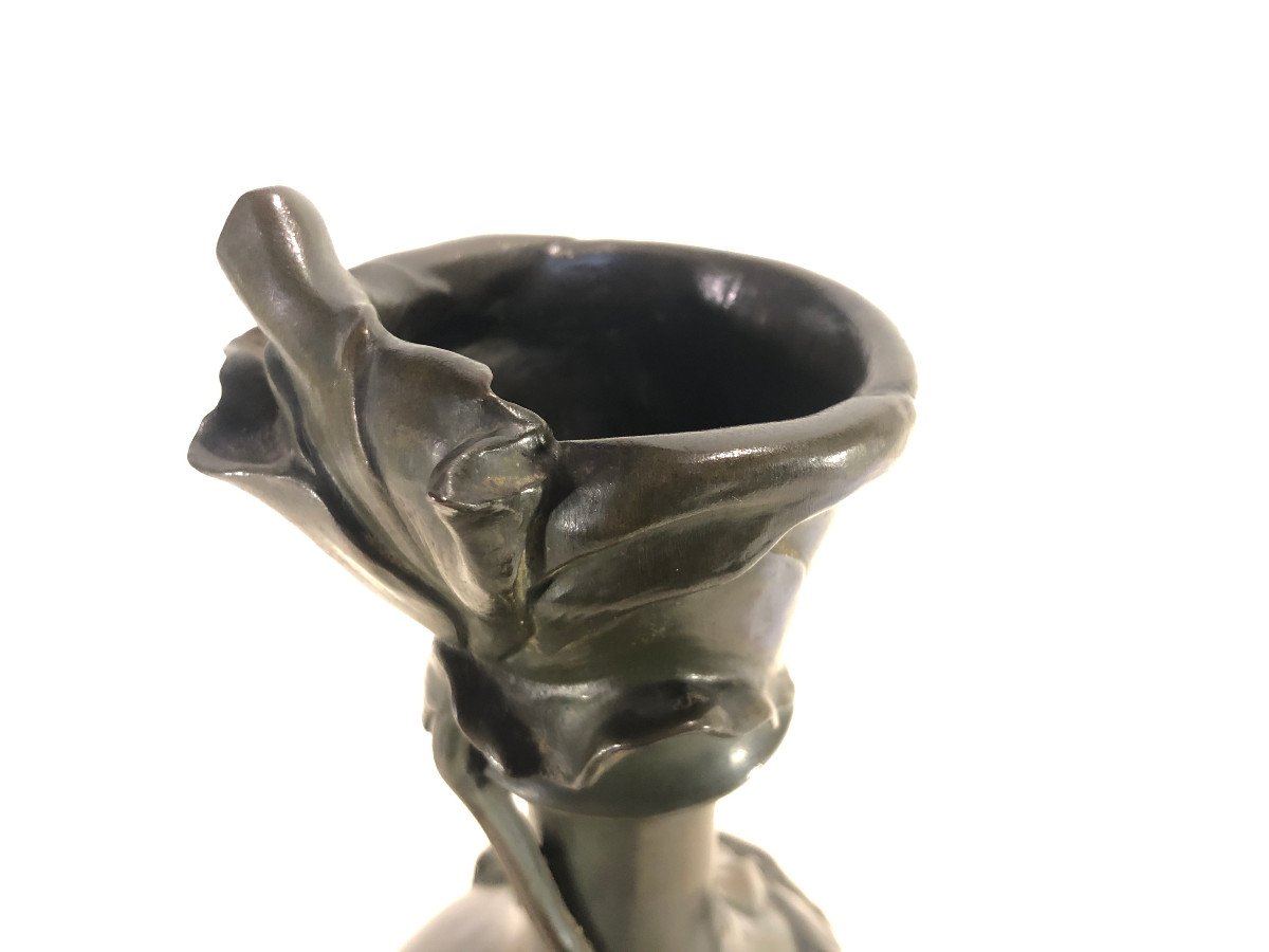 Art Nouveau Bronze Vase With Flowers - Julia Vanzype - H. 31 Diameter: 15cm-photo-3