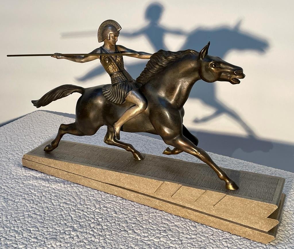 Spelter Sculpture Of An Amazon - Artist Milo - Granito Base - Size 15x33x40x63cm-photo-3