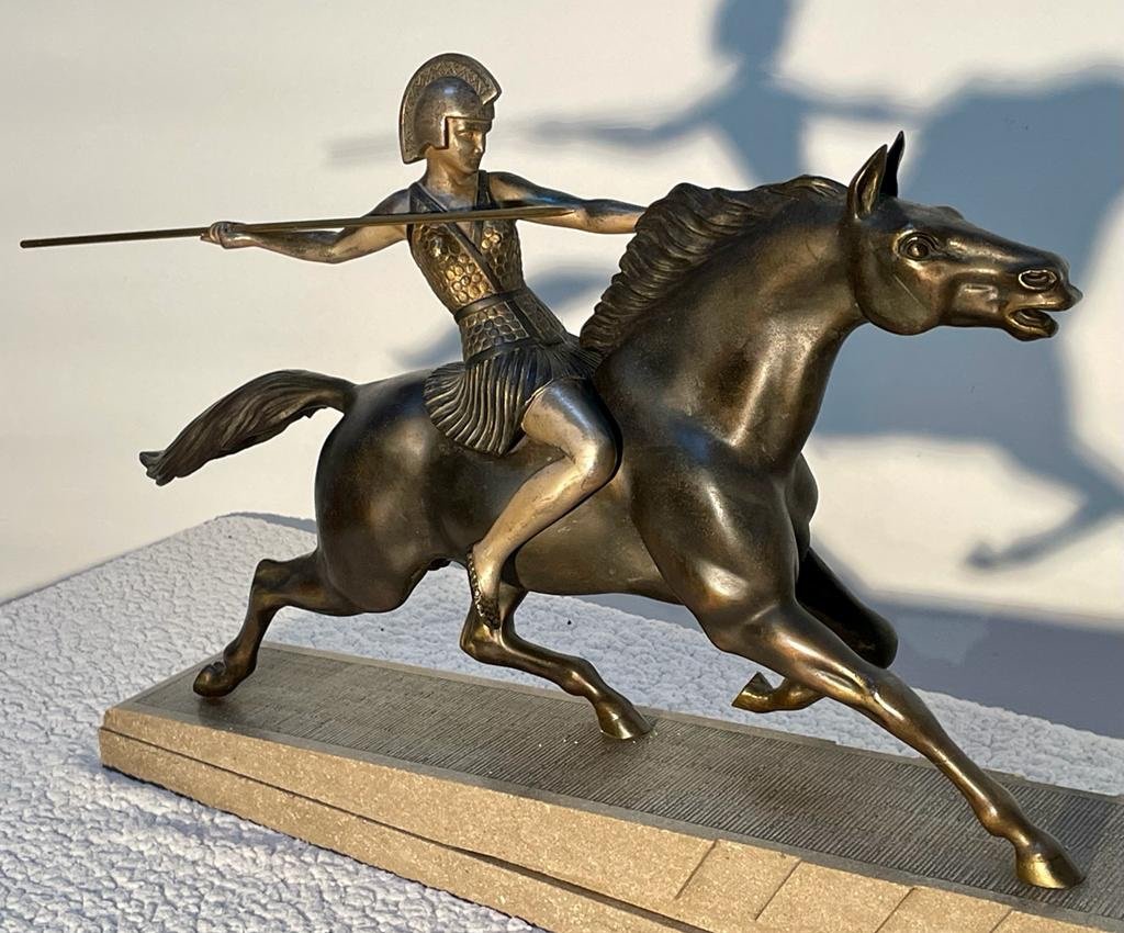 Spelter Sculpture Of An Amazon - Artist Milo - Granito Base - Size 15x33x40x63cm-photo-4