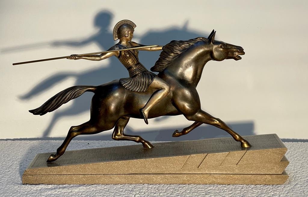 Spelter Sculpture Of An Amazon - Artist Milo - Granito Base - Size 15x33x40x63cm