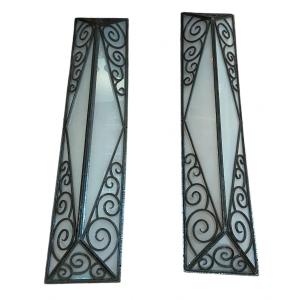 Imposing Pair Of Art Deco Glass And Wrought Iron Sconces