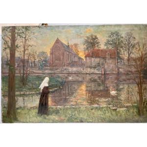 Tableau Beguinage De Bruges - Huile Sur Toile - Signé  Leon Cassel - Artiste Français