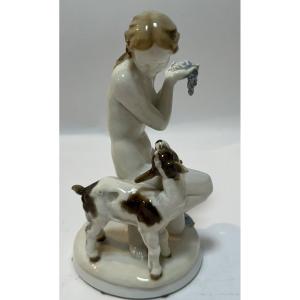 Young Girl And The Chevrette Signed C Werde Hutschenreuther Porcelain 