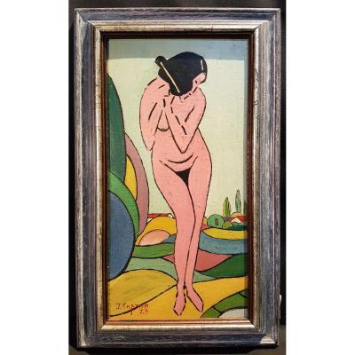 Naked Woman, Oil On Cardboard, 1923 - J. Capron