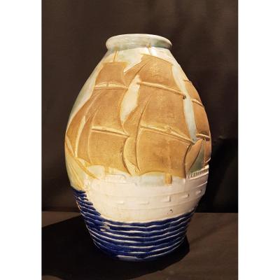 Earthenware Vase, Sailboats - Jean Van Dongen Circa 1950