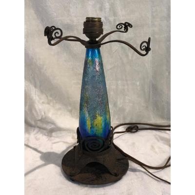 Lamp Base - Enamel And Wrought Iron - Signed A.mar Limoges - Art-deco - 14 X 32cm