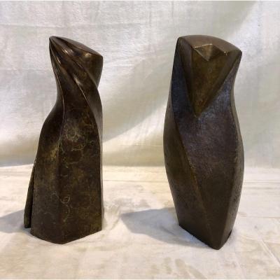 2 Stylized Sculptures - Anne Canneel - Signed & Stamp Of The Founder Harze Circa 1990