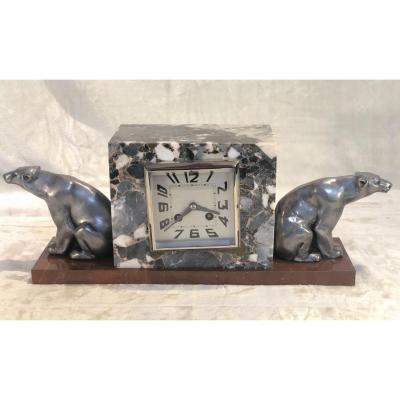 Art Deco Clock With Bears On The Sides - 11x18x40cm - Marble / Bronze