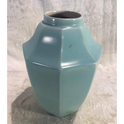 Vase Turquoise Unie - Boch Keramis - Forme Géométrique - Dim. 28 X 18cm - Cachet Boch Illisible