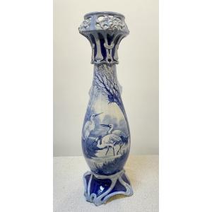 Monumental Vase (delft Or Boch) - Art-nouveau Style - Unsigned - Size 25x26x85cm