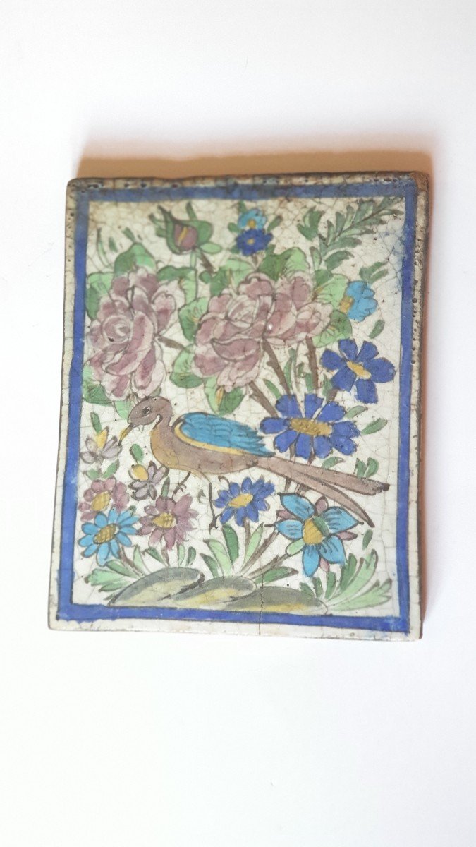 Iran Ceramic Tile Flowers And Bord Qajar Period Early 20th Century-photo-4